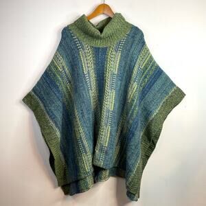 J Jill Cotton Wool Fair Isle Nordic Classic Poncho Sweater Blue Green One Size